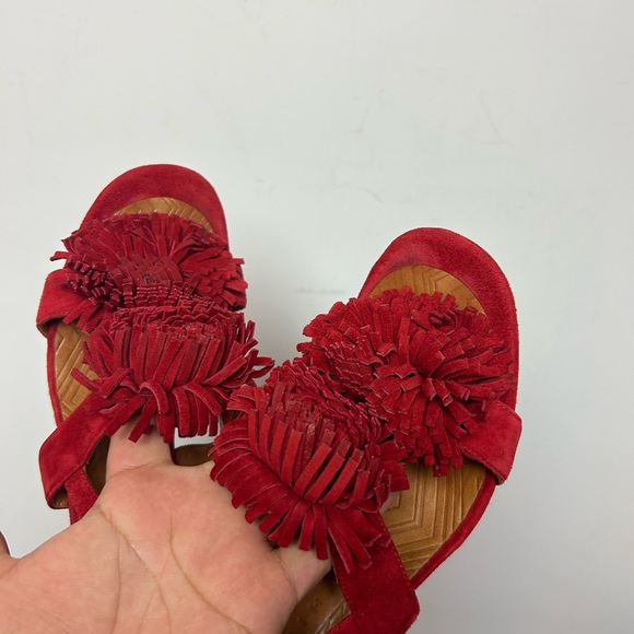 CHIE MIHARA MADE IN SPAIN RED POM POM HEELS SUEDE LEATHER STRAPS SANDALS 38 - Picture 5 of 9